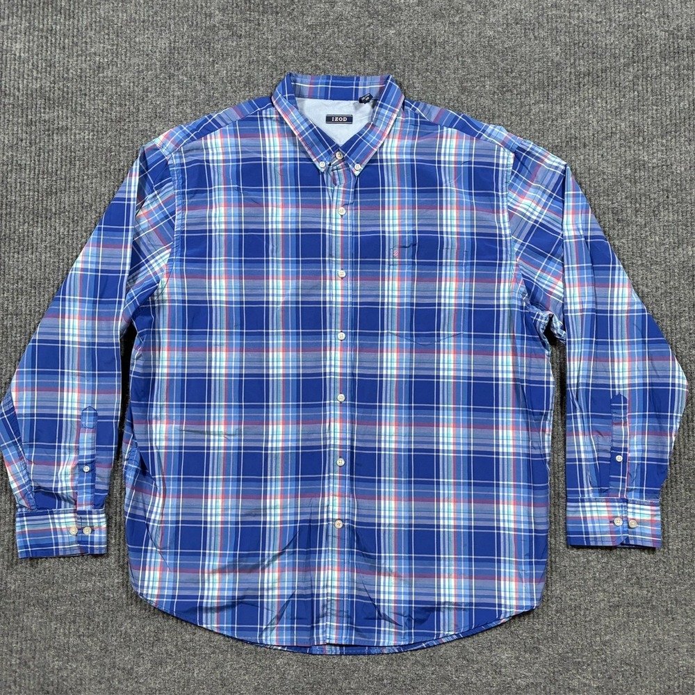 IZOD Mens Button Down Shirt Size 2XL Plaid Cotton Stretch Casual‎ Long Sleeve
